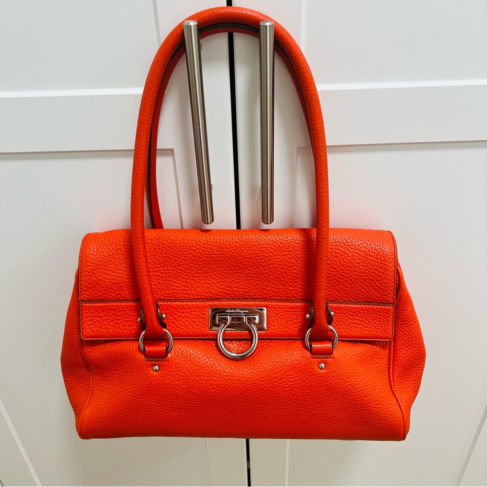 Salvatore Ferragamo Orange Pebbled Leather Jules Shoulder bag